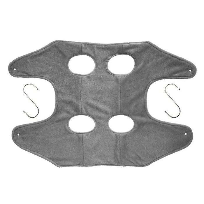 Gray pet grooming hammock with metal hooks on a white background